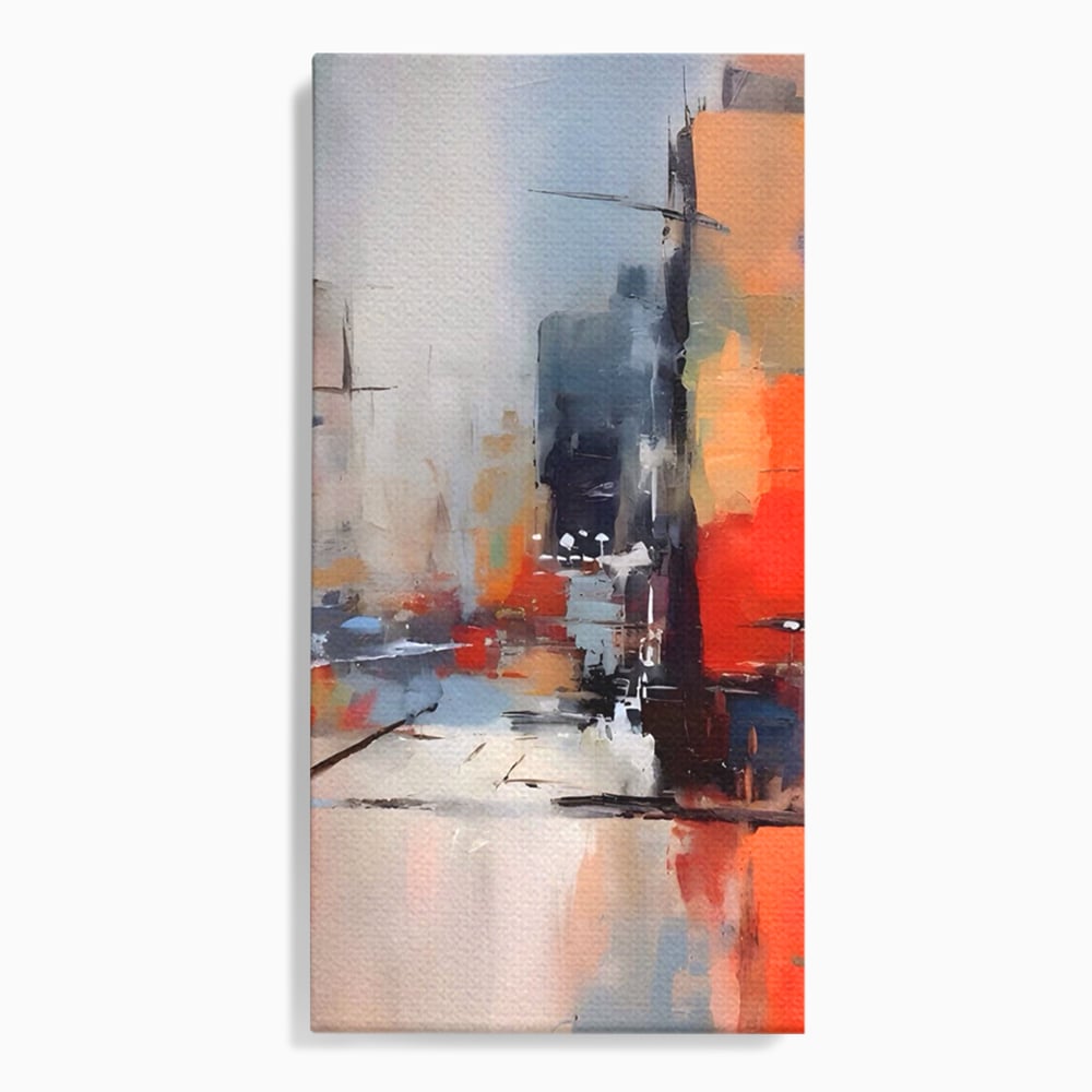 Tablou canvas cu pictura abstracta cu oras si cladiri, fara rama, pe sasiu de lemn